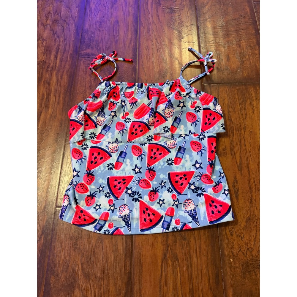 Cat & Jack Tankini Top Kids XL 14/16 Blue Watermelon Fruit Excellent Ruffle Tie